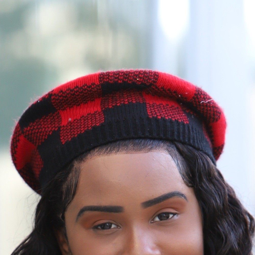 Plaid red and black checkered beret